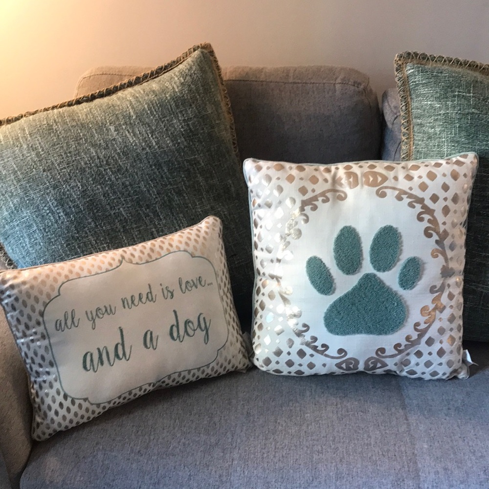 Dog Lover Throw Pillows. Square & Rectangular. Like New. Cream/Aqua/Metallic